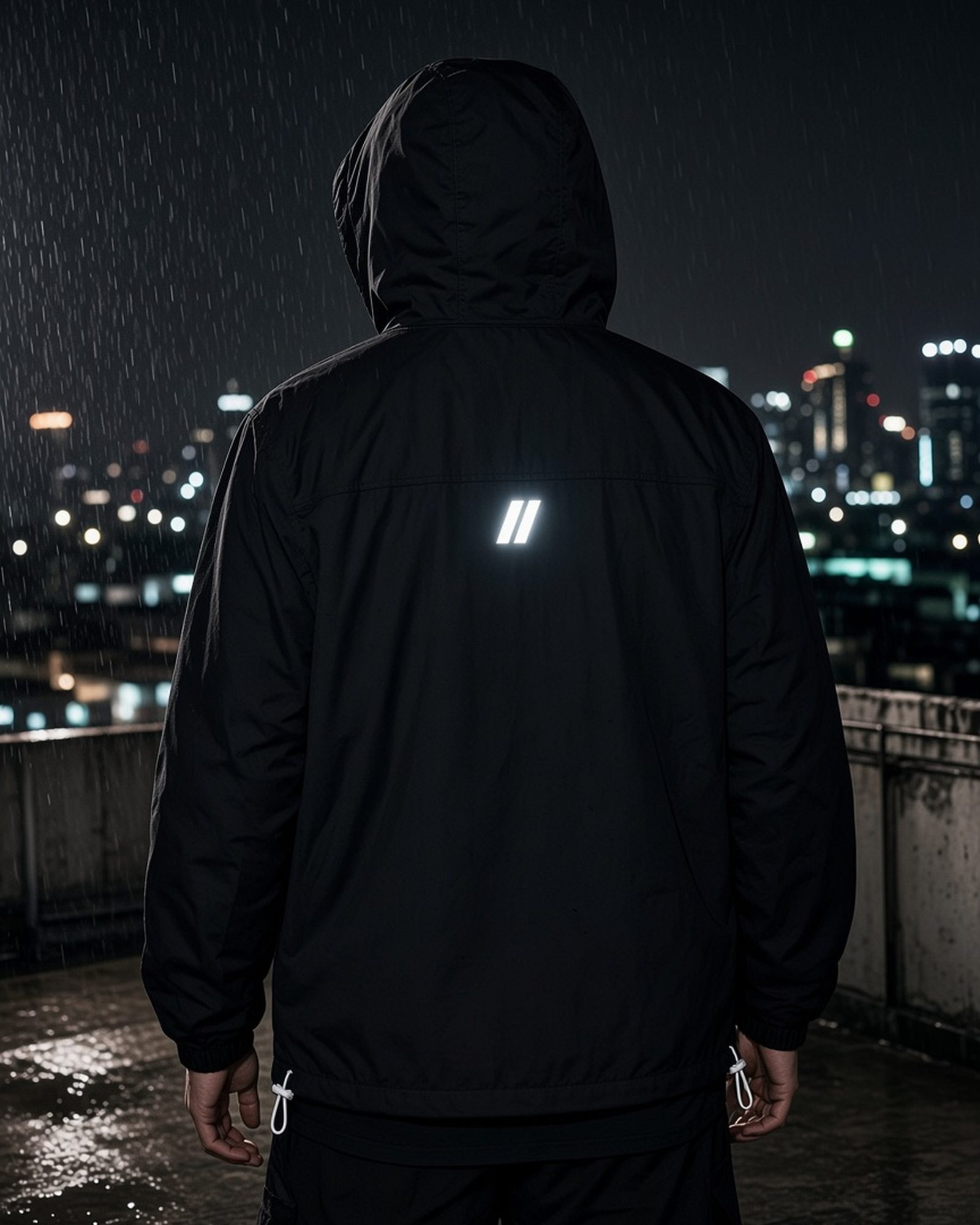 CTRL//Z ENTROPY Shell Jacket, shell jacket, Terminal Black, campaign back view with silver reflective // — product image, actual product may vary