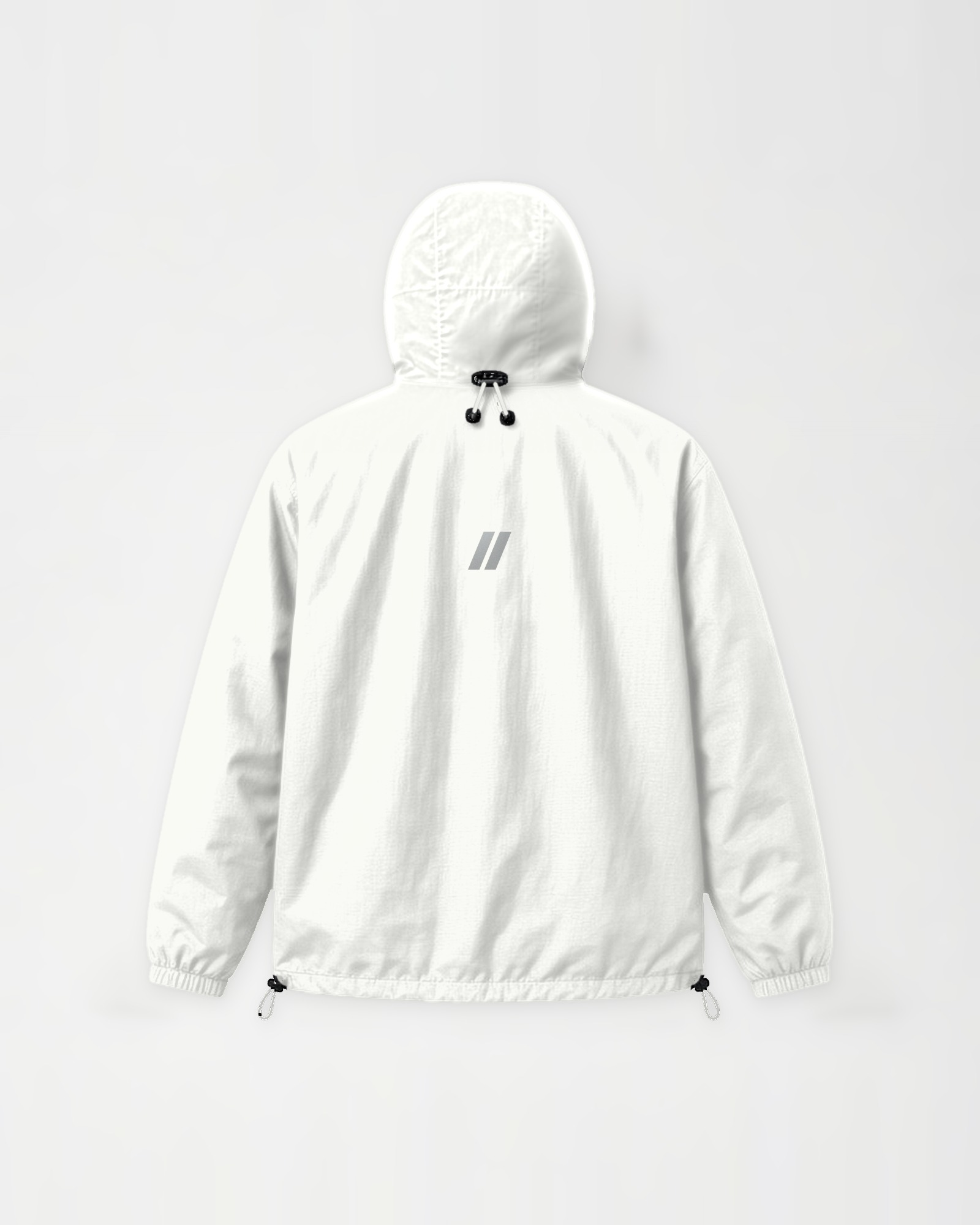 CTRL//Z ENTROPY Shell Jacket, outerwear, Cursor White, back view with silver reflective // — product image, actual product may vary